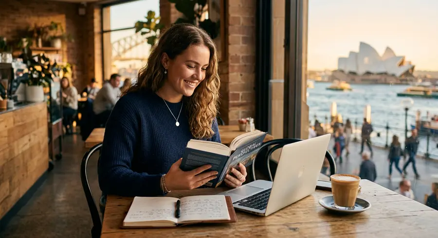 Australian university student studying with a laptop in a Sydney café
